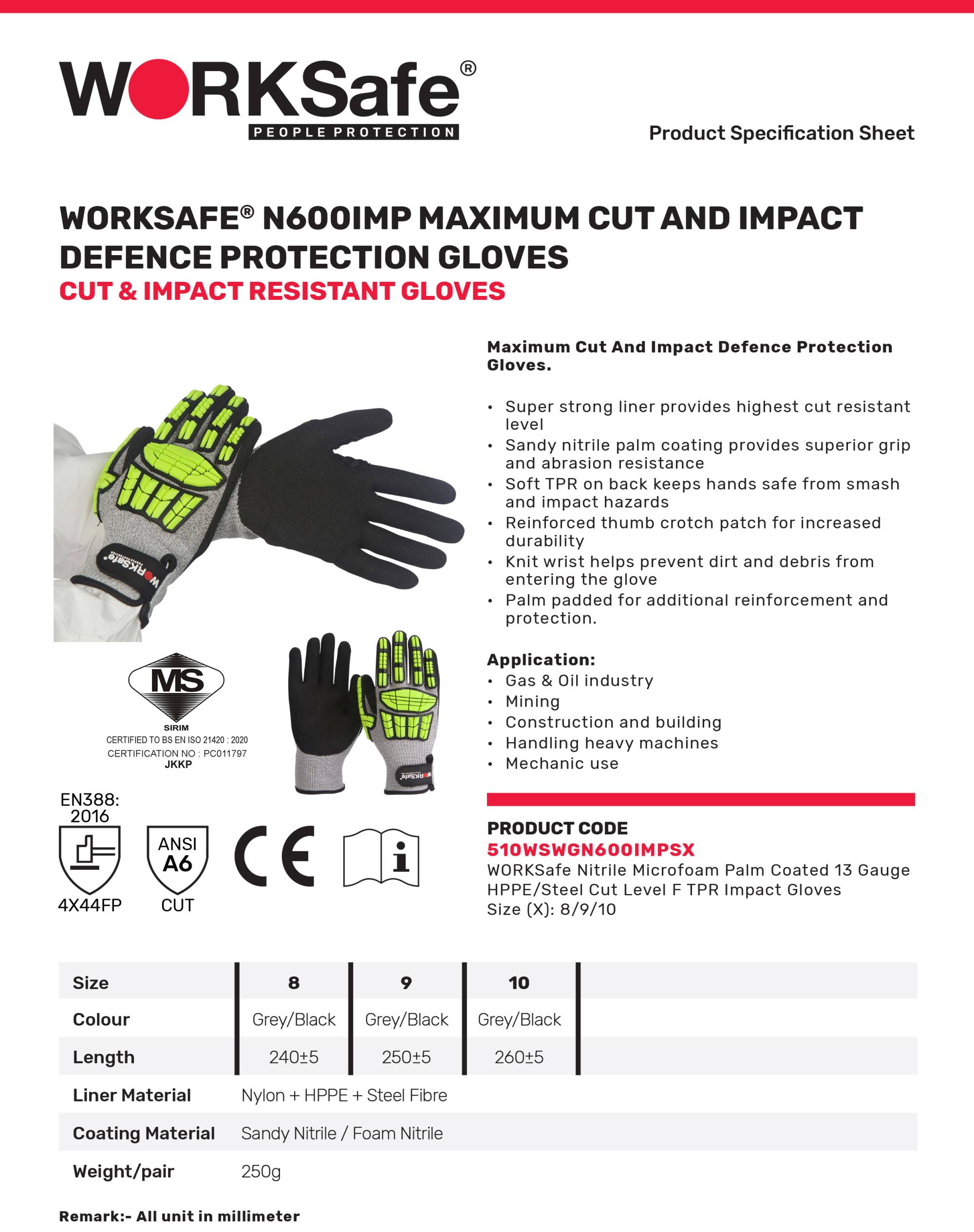 WORKSAFE N600IMP NITRILE MICROFOAM PALM COATED TPR IMPACT SAFETY GLOVES ...