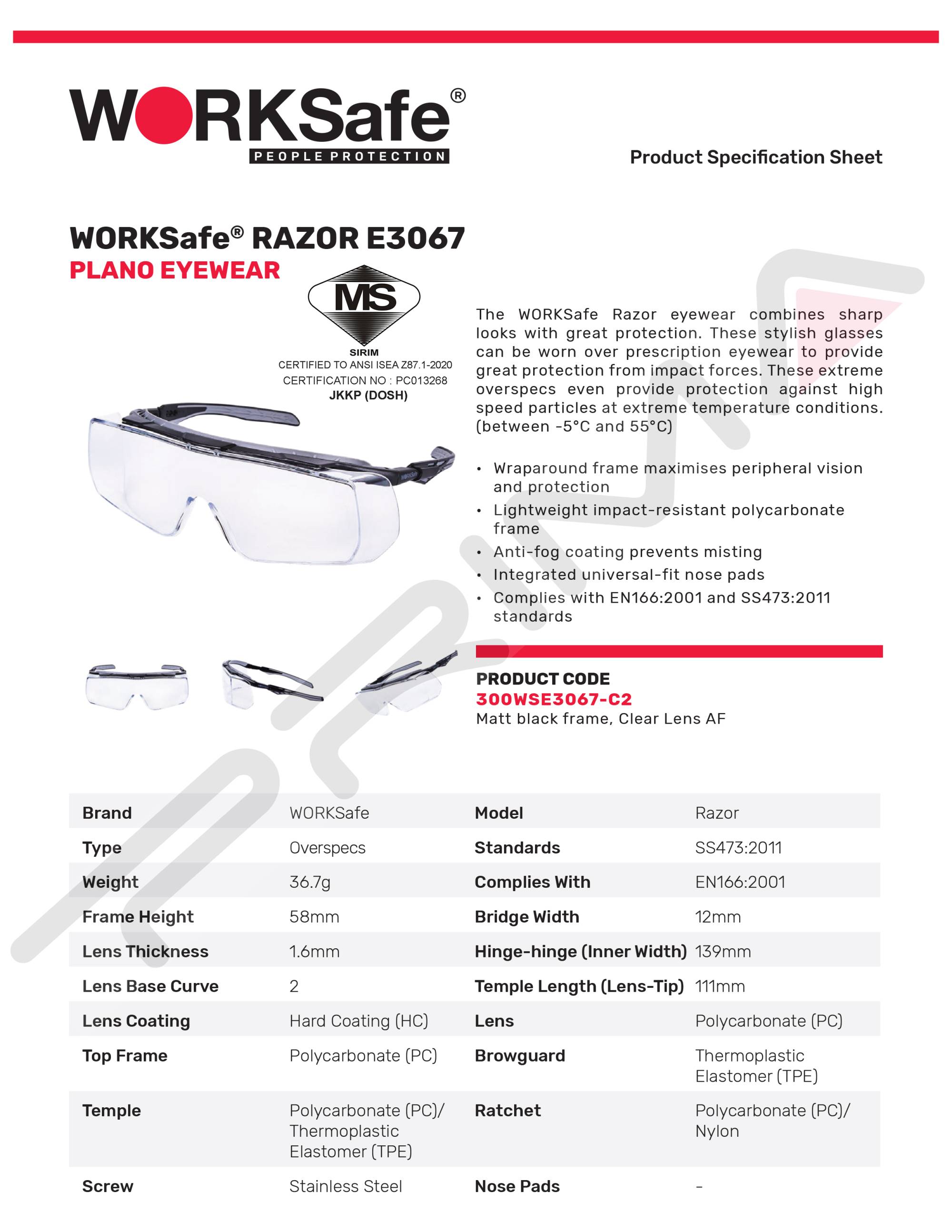 Worksafe Racer Worksafe Razor E3067 Soft Temple Adjust and Inclination Matt Black ...