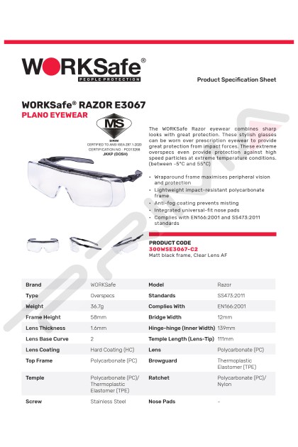 Workselfe Worksafe Razor E3067 Soft Temple Adjust and Inclination Matt Black ...